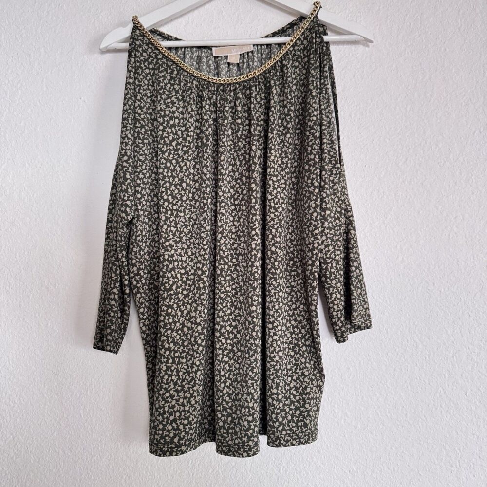 Michael Kors Olive Green Women Shirt Sz M Oversized Cold Shoulder Gold Chain